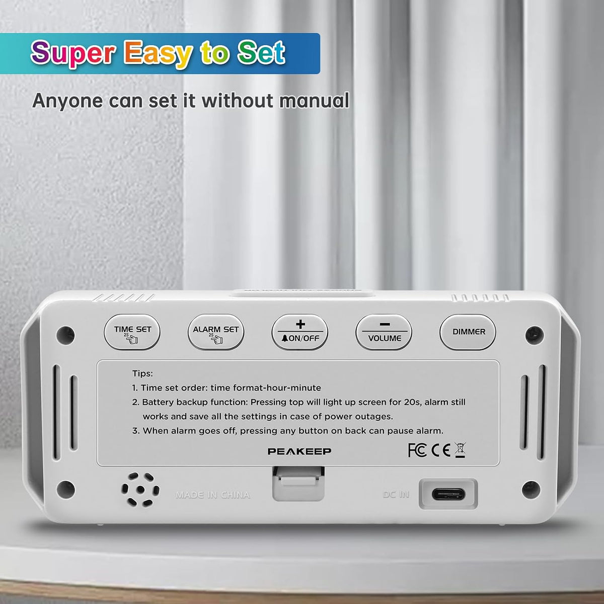 Small Digital Alarm Clock for Bedroom, Large Number, Battery Backup