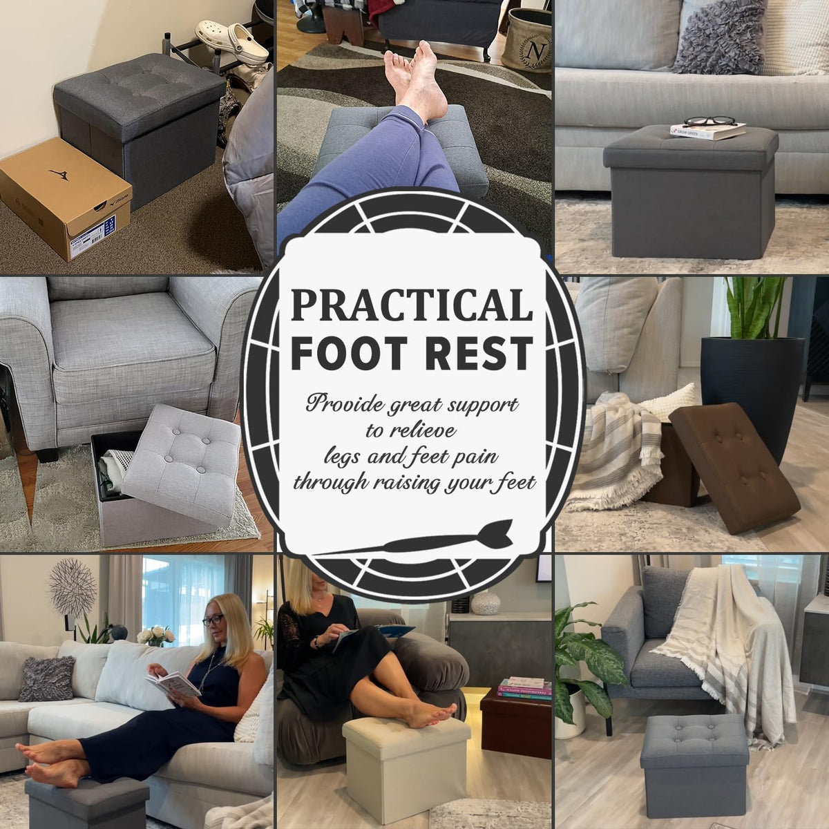 Ottoman with Storage Small Foot Rest Stool Under Desk Stool Short Folding Footrest for Living Room Bedroom Home Office Dorm Dark Gray 16X12X12IN