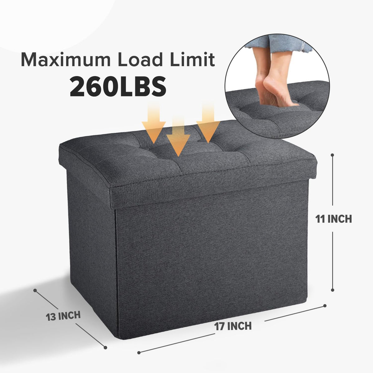 Ottoman with Storage Small Foot Rest Stool Under Desk Stool Short Folding Footrest for Living Room Bedroom Home Office Dorm Dark Gray 16X12X12IN