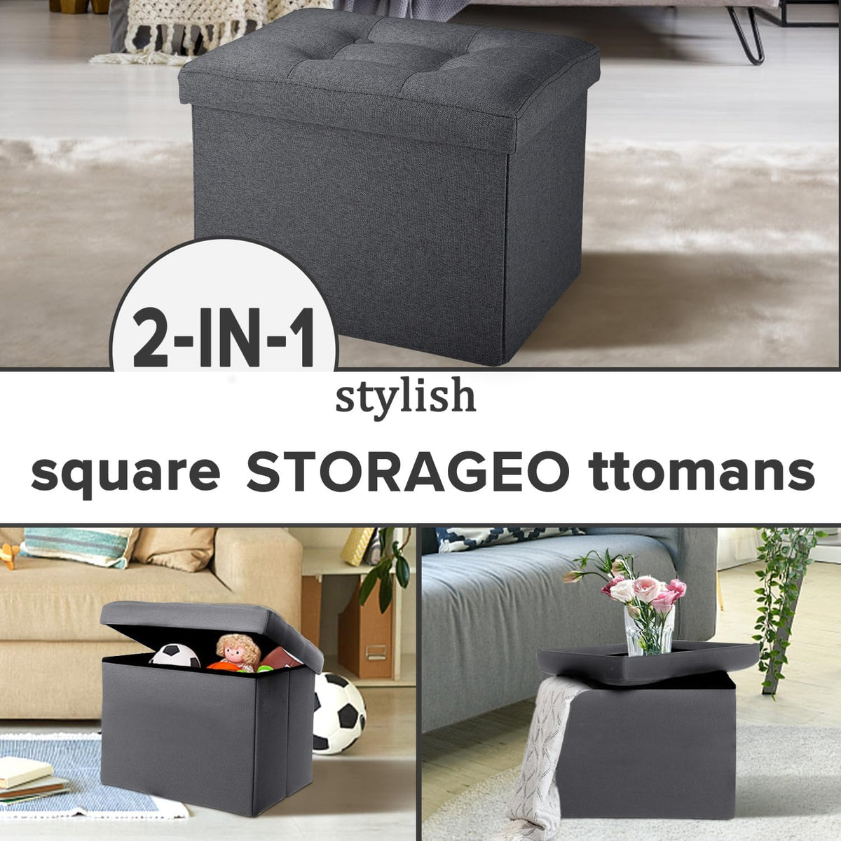 Ottoman with Storage Small Foot Rest Stool Under Desk Stool Short Folding Footrest for Living Room Bedroom Home Office Dorm Dark Gray 16X12X12IN