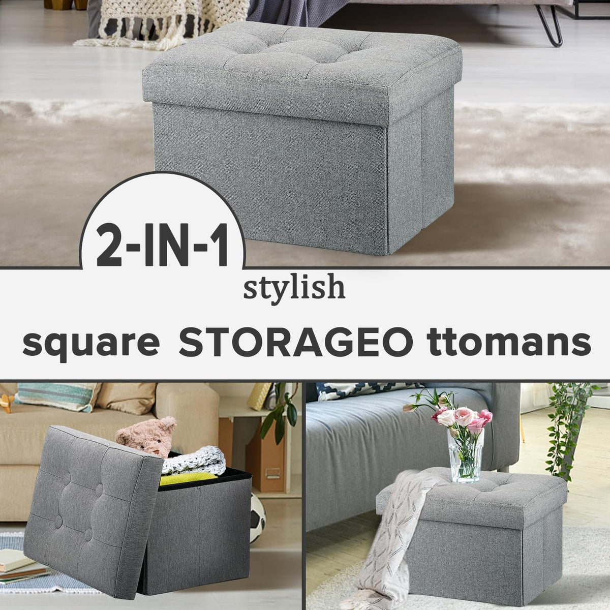 Ottoman with Storage Small Foot Rest Stool Under Desk Stool Short Folding Footrest for Living Room Bedroom Home Office Dorm Dark Gray 16X12X12IN