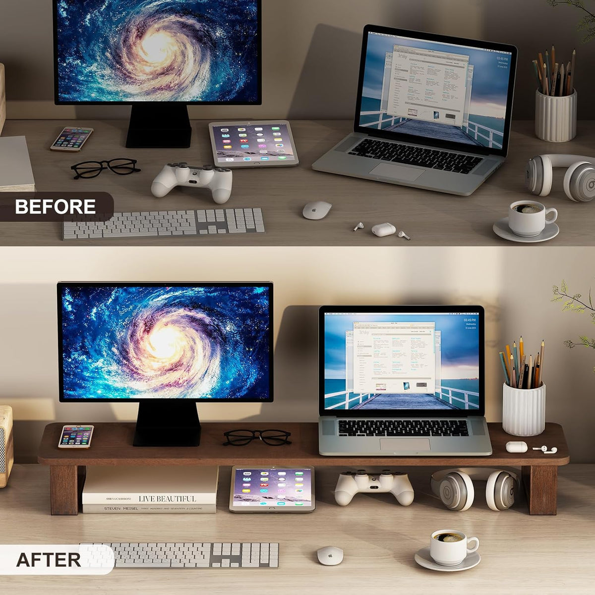 Dual Monitor Stand Riser 39.3 Inch Wood Desk Shelf Desktop Organizer