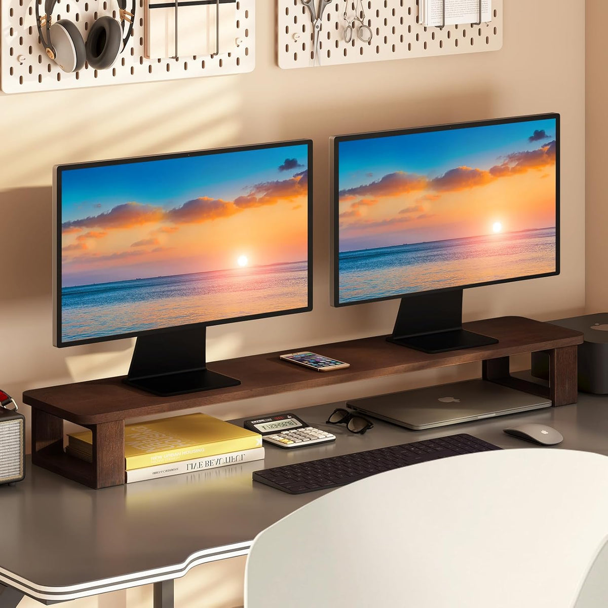 Dual Monitor Stand Riser 39.3 Inch Wood Desk Shelf Desktop Organizer