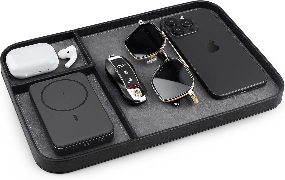 Leather Tray, Stylish and Organized Multifunctional Tray, for Table Entryway, Premium PU Leather, Catchall Tray for Keys, Watch, Wallet, Jewelry, and More (Black Frame)