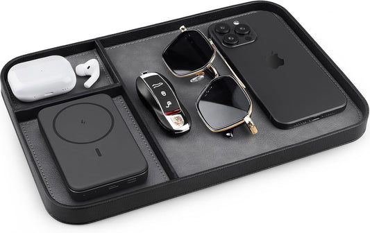 Leather Tray, Stylish and Organized Multifunctional Tray, for Table Entryway, Premium PU Leather, Catchall Tray for Keys, Watch, Wallet, Jewelry, and More (Black Frame)