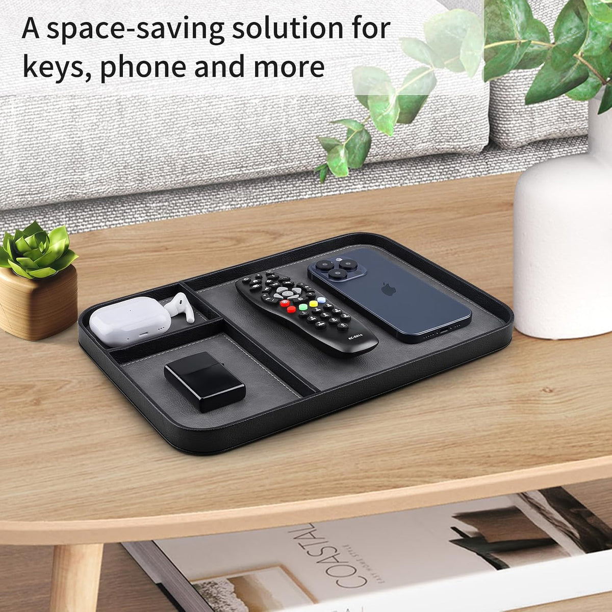 Leather Tray, Stylish and Organized Multifunctional Tray, for Table Entryway, Premium PU Leather, Catchall Tray for Keys, Watch, Wallet, Jewelry, and More (Black Frame)