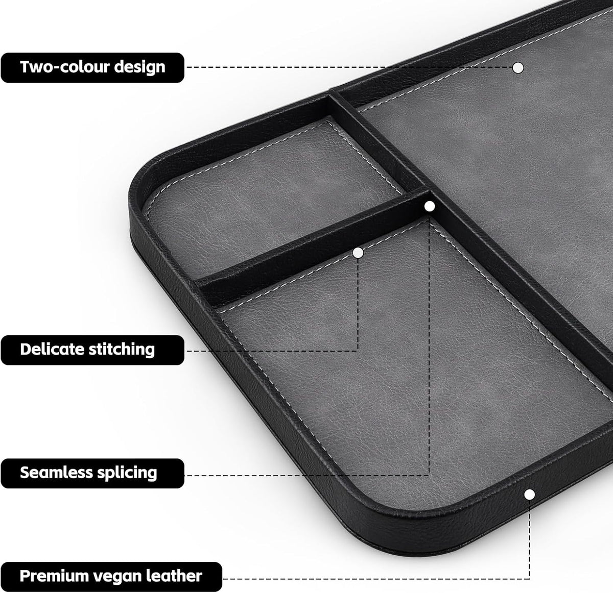 Leather Tray, Stylish and Organized Multifunctional Tray, for Table Entryway, Premium PU Leather, Catchall Tray for Keys, Watch, Wallet, Jewelry, and More (Black Frame)