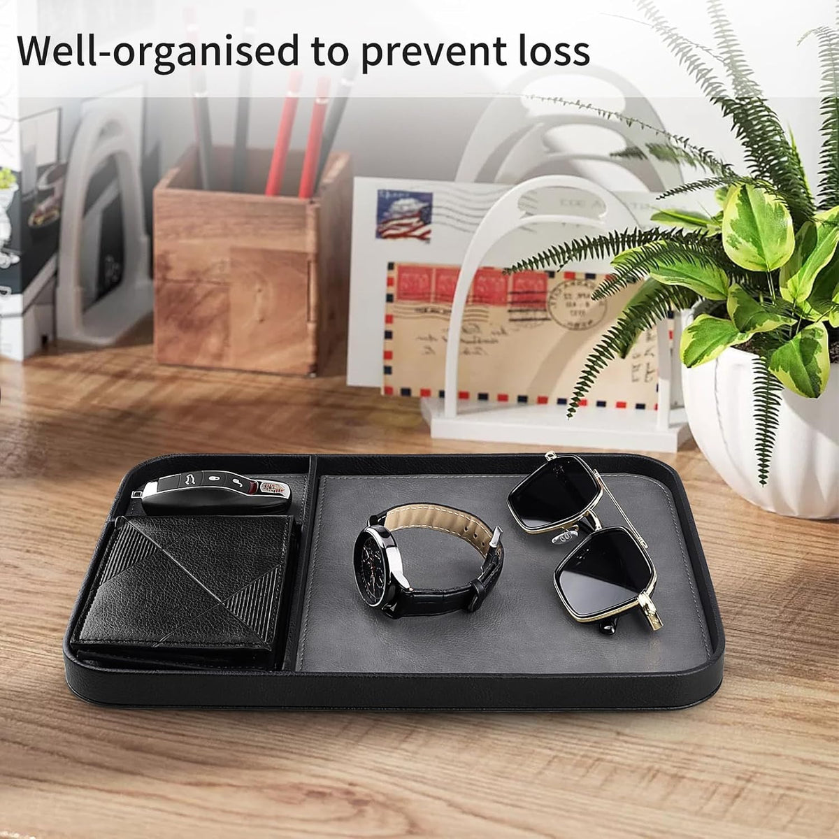 Leather Tray, Stylish and Organized Multifunctional Tray, for Table Entryway, Premium PU Leather, Catchall Tray for Keys, Watch, Wallet, Jewelry, and More (Black Frame)