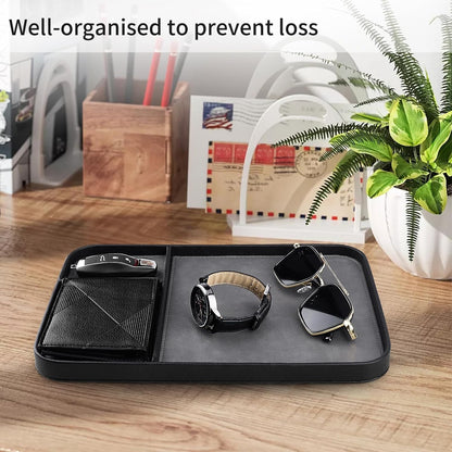 Leather Tray, Stylish and Organized Multifunctional Tray, for Table Entryway, Premium PU Leather, Catchall Tray for Keys, Watch, Wallet, Jewelry, and More (Black Frame)
