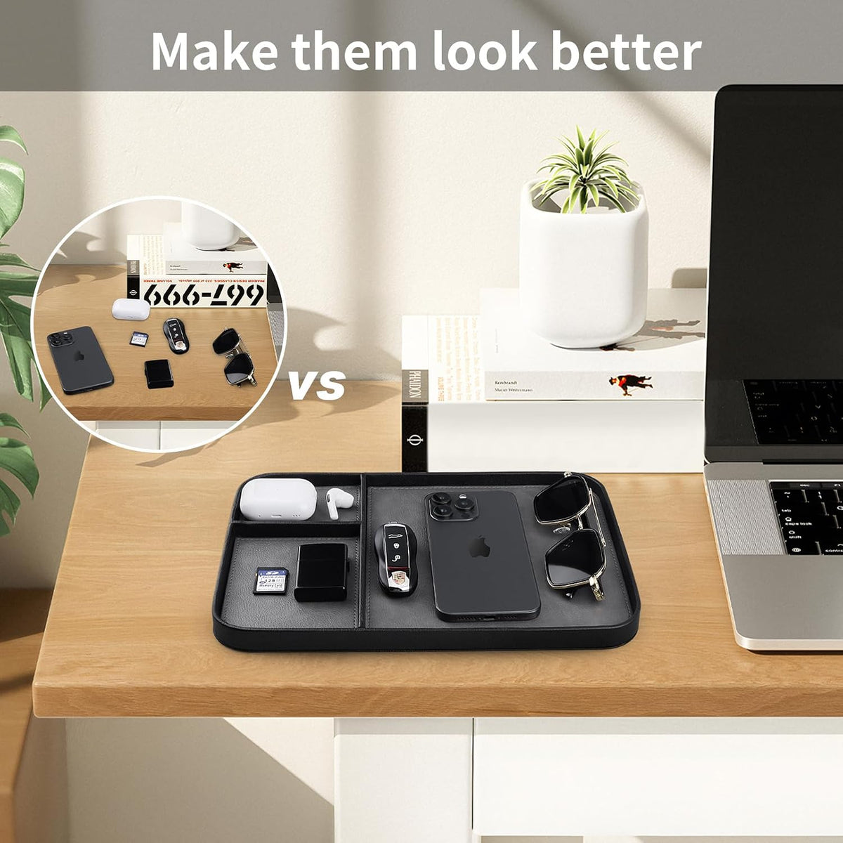 Leather Tray, Stylish and Organized Multifunctional Tray, for Table Entryway, Premium PU Leather, Catchall Tray for Keys, Watch, Wallet, Jewelry, and More (Black Frame)