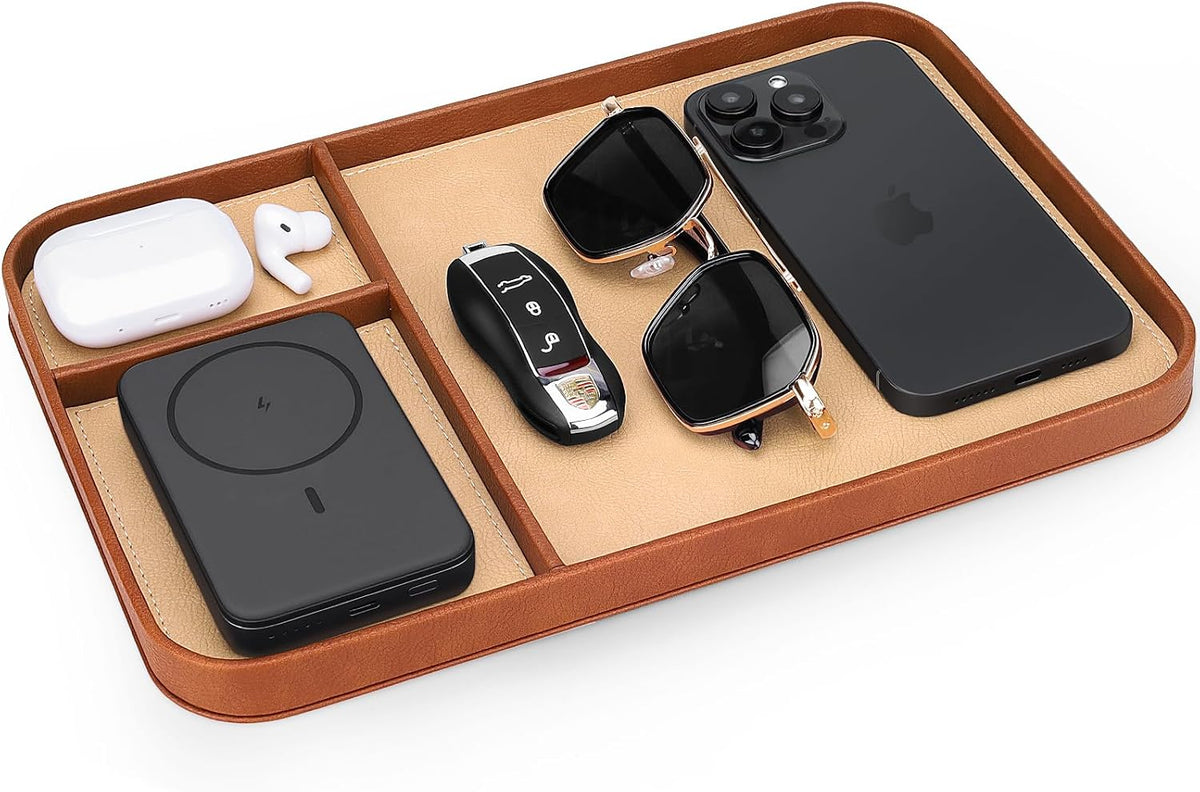 Leather Tray, Stylish and Organized Multifunctional Tray, for Table Entryway, Premium PU Leather, Catchall Tray for Keys, Watch, Wallet, Jewelry, and More (Black Frame)