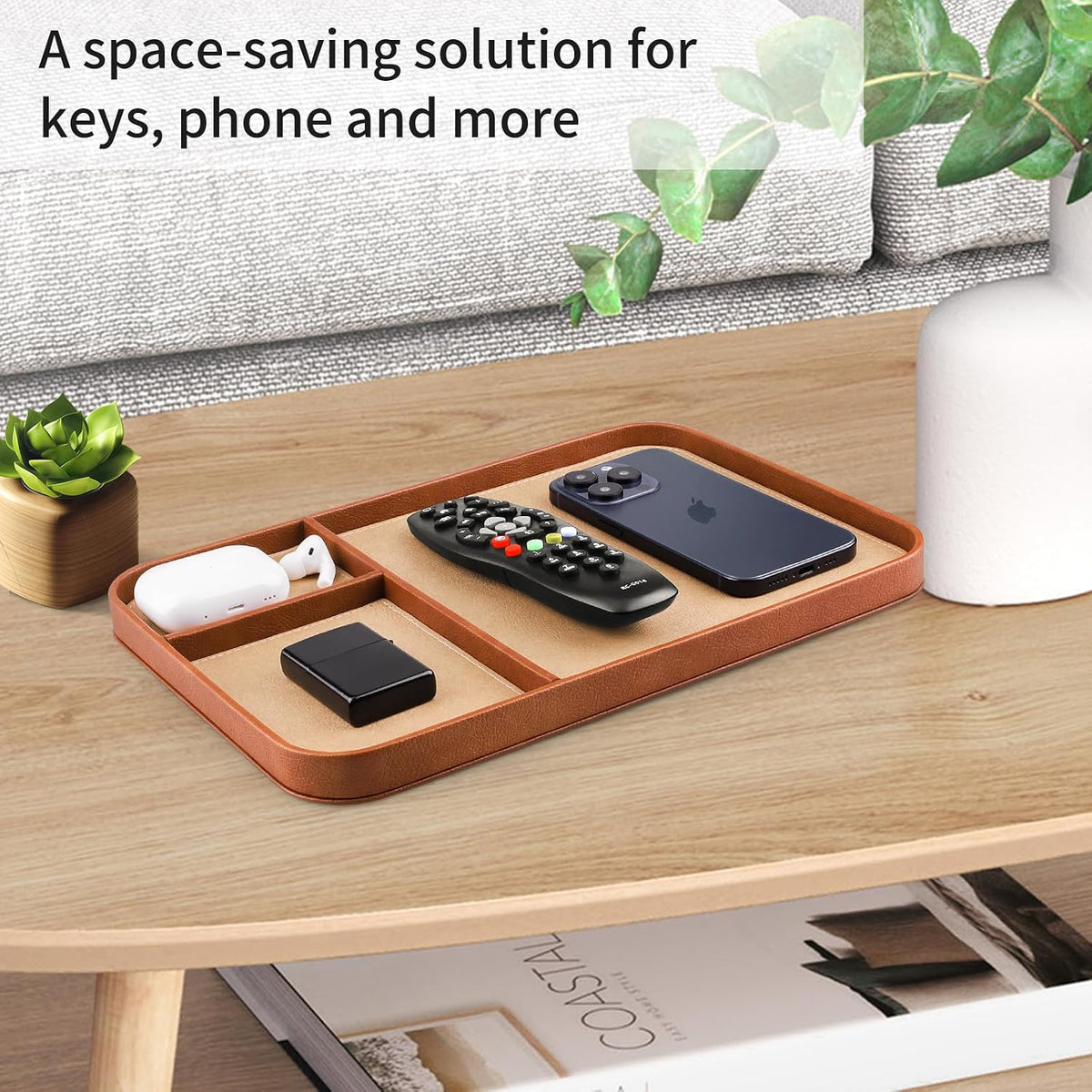 Leather Tray, Stylish and Organized Multifunctional Tray, for Table Entryway, Premium PU Leather, Catchall Tray for Keys, Watch, Wallet, Jewelry, and More (Black Frame)