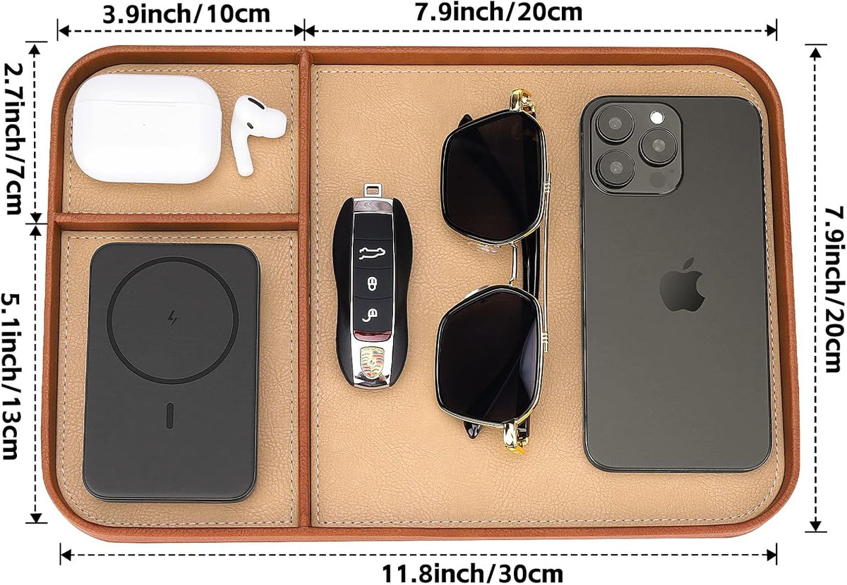Leather Tray, Stylish and Organized Multifunctional Tray, for Table Entryway, Premium PU Leather, Catchall Tray for Keys, Watch, Wallet, Jewelry, and More (Black Frame)