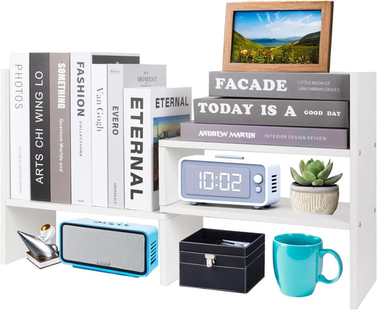 Desk Shelf Organizer, Desktop Shelves, Adjustable Desktop Corner Shelf, Bookshelf Storage Rack and Cubicle Decor for Desk, Tabletop, School, Office, Dorm Desk Organizer - White