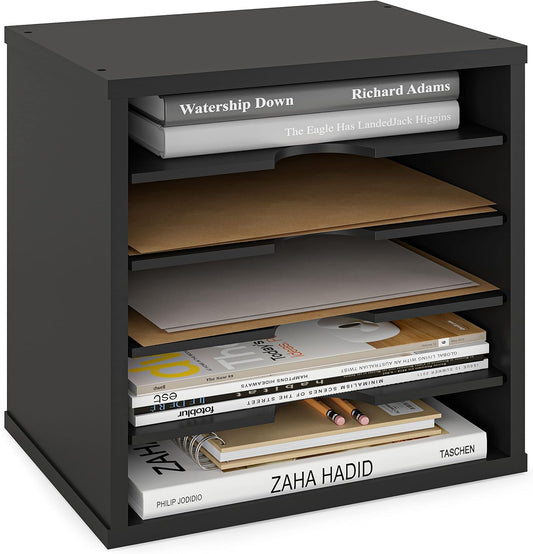 5-Tier File Organizer for Desk, Wooden Mail Sorter, Office Desk Organization, Paper Storage Organizers, Folder holder for desk, Letter Trays & Stacking Supports, Adjustable Shelves, Black