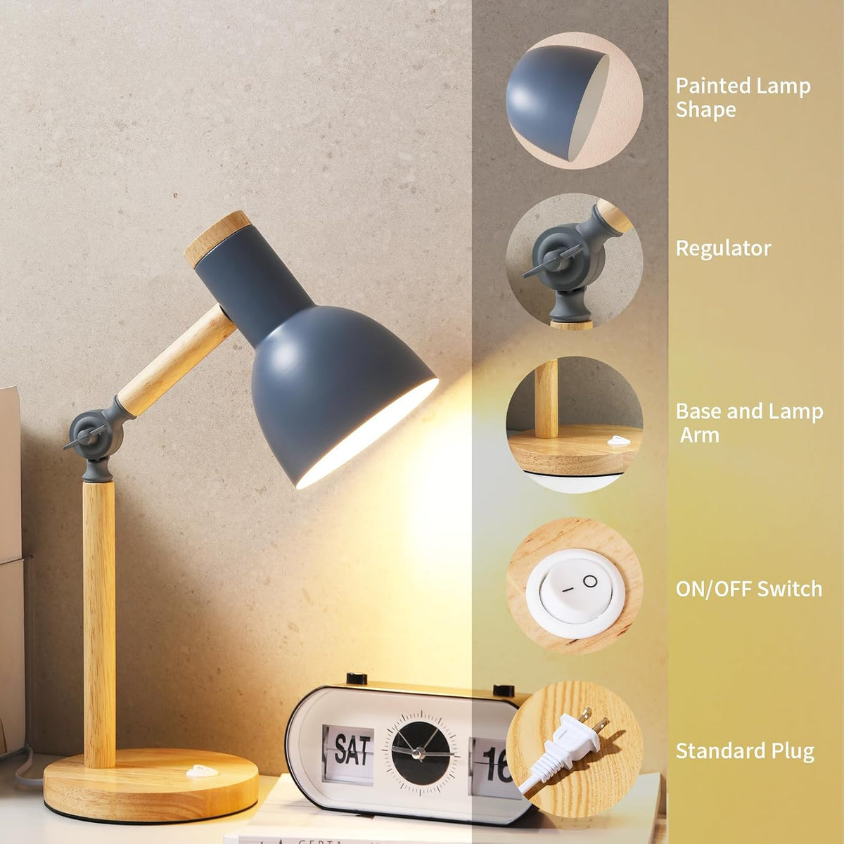 Adjustable Wooden Arm Desk Lamp, Metal Shade Table Lamp