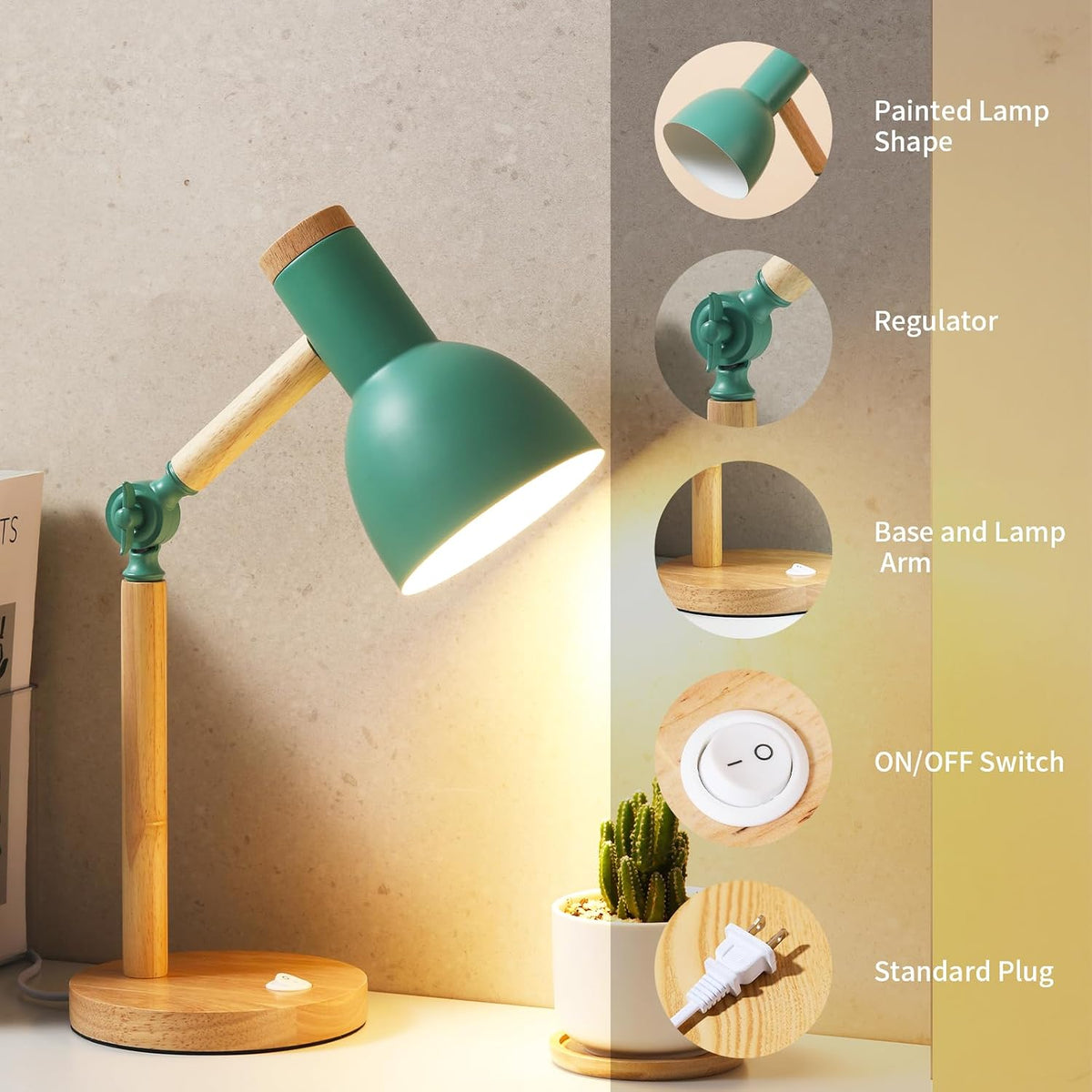 Adjustable Wooden Arm Desk Lamp, Metal Shade Table Lamp