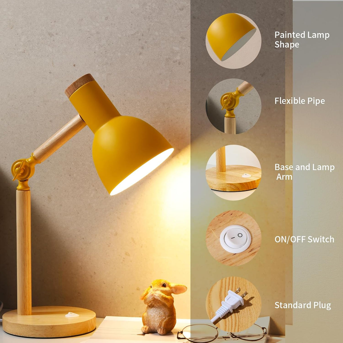 Adjustable Wooden Arm Desk Lamp, Metal Shade Table Lamp