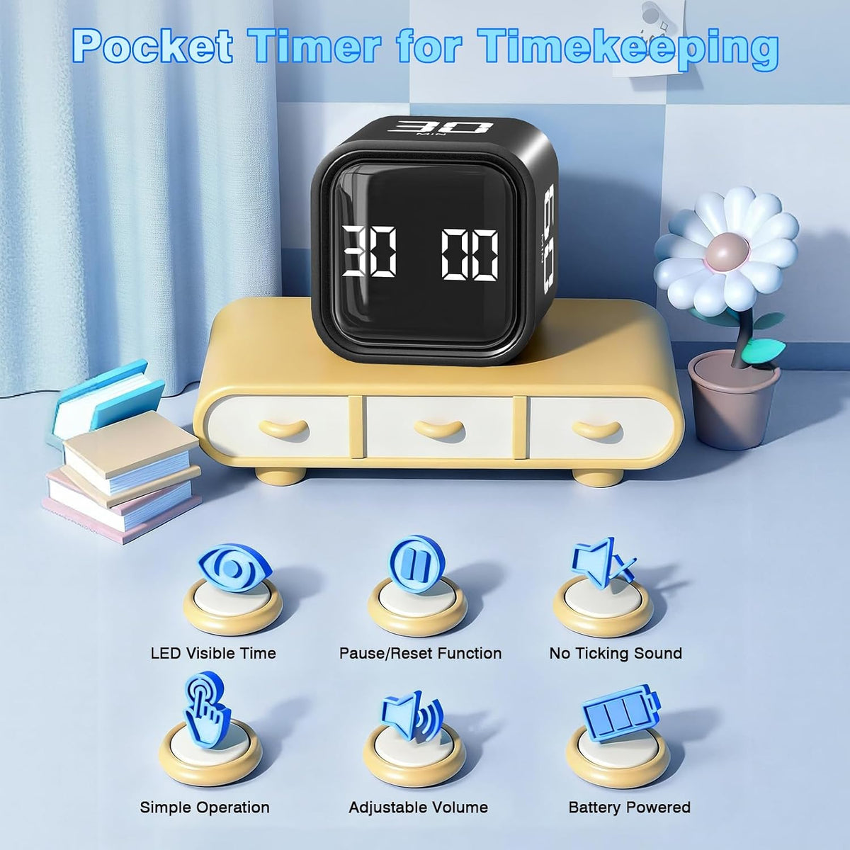 Cube Pomodoro Timer, Smart Timer 5/10/30/60 Minutes Custom Countdown