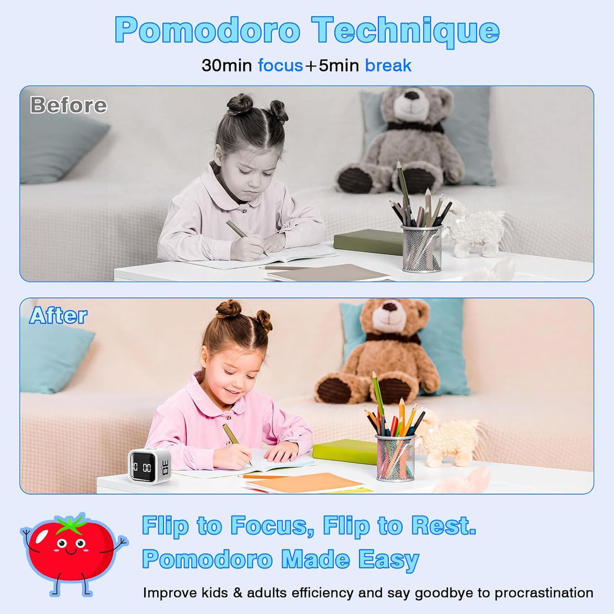 Cube Pomodoro Timer, Smart Timer 5/10/30/60 Minutes Custom Countdown