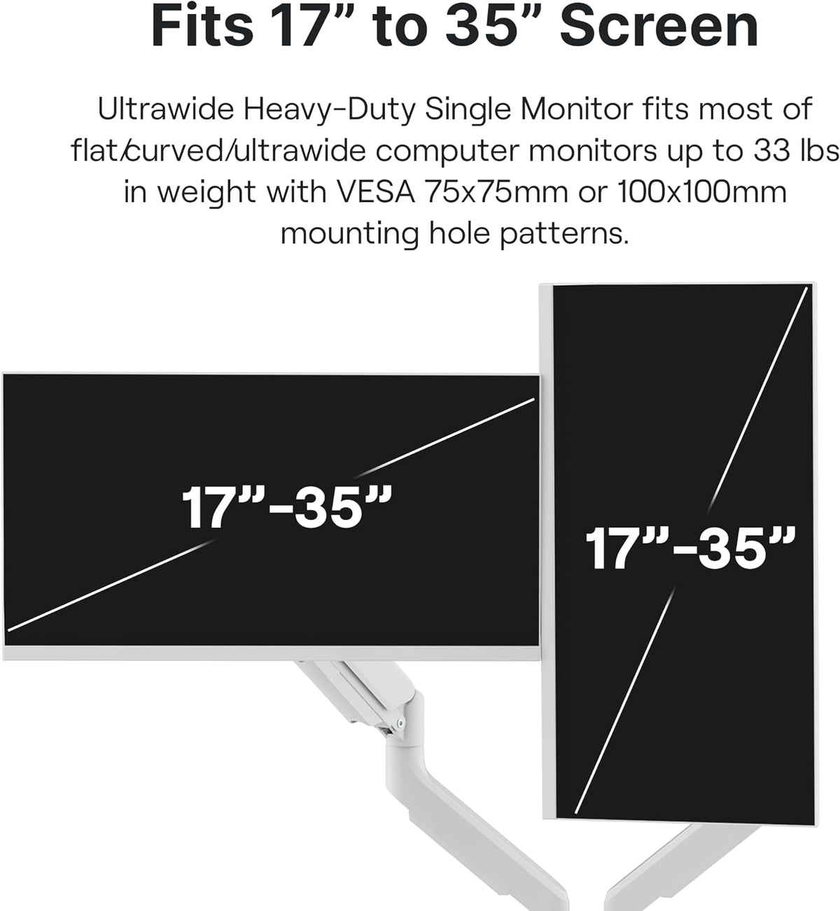 PS2D White Ultrawide Heavy-Duty Premium Dual Monitor Arm Stand Desk Mount - Fits up to 35 inches Two Monitors, Weights up to 33 lbs Each, Compatible with VESA 75x75mm 100x100mm