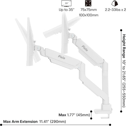 PS2D White Ultrawide Heavy-Duty Premium Dual Monitor Arm Stand Desk Mount - Fits up to 35 inches Two Monitors, Weights up to 33 lbs Each, Compatible with VESA 75x75mm 100x100mm