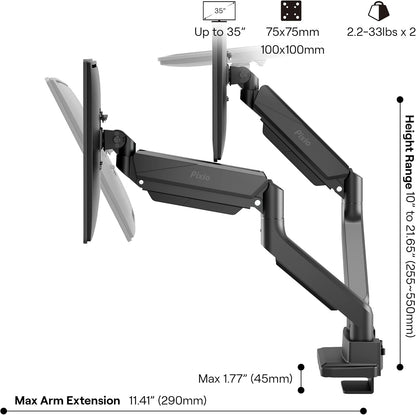 PS2D White Ultrawide Heavy-Duty Premium Dual Monitor Arm Stand Desk Mount - Fits up to 35 inches Two Monitors, Weights up to 33 lbs Each, Compatible with VESA 75x75mm 100x100mm