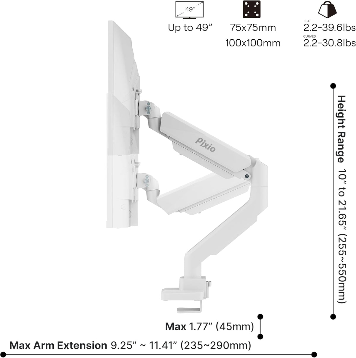 PS2D White Ultrawide Heavy-Duty Premium Dual Monitor Arm Stand Desk Mount - Fits up to 35 inches Two Monitors, Weights up to 33 lbs Each, Compatible with VESA 75x75mm 100x100mm