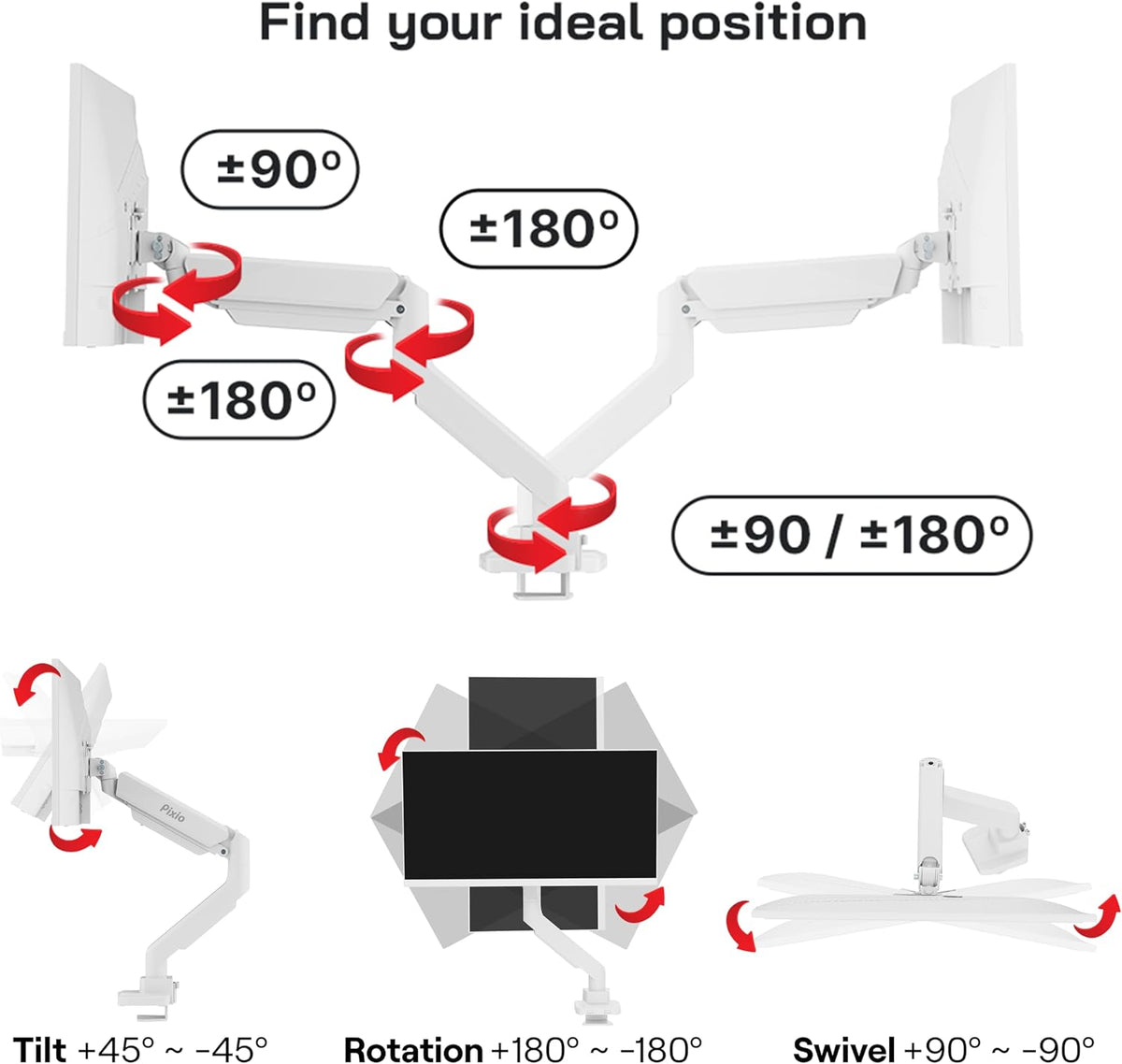PS2D White Ultrawide Heavy-Duty Premium Dual Monitor Arm Stand Desk Mount - Fits up to 35 inches Two Monitors, Weights up to 33 lbs Each, Compatible with VESA 75x75mm 100x100mm