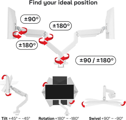 PS2D White Ultrawide Heavy-Duty Premium Dual Monitor Arm Stand Desk Mount - Fits up to 35 inches Two Monitors, Weights up to 33 lbs Each, Compatible with VESA 75x75mm 100x100mm
