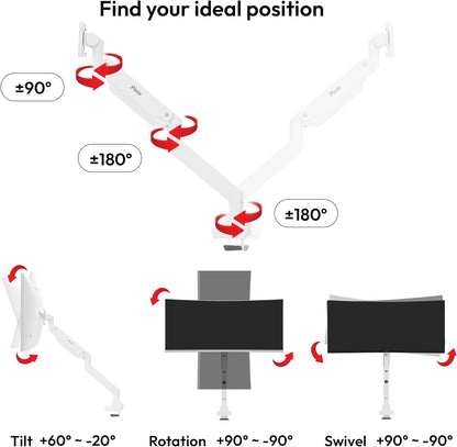 PS2D White Ultrawide Heavy-Duty Premium Dual Monitor Arm Stand Desk Mount - Fits up to 35 inches Two Monitors, Weights up to 33 lbs Each, Compatible with VESA 75x75mm 100x100mm