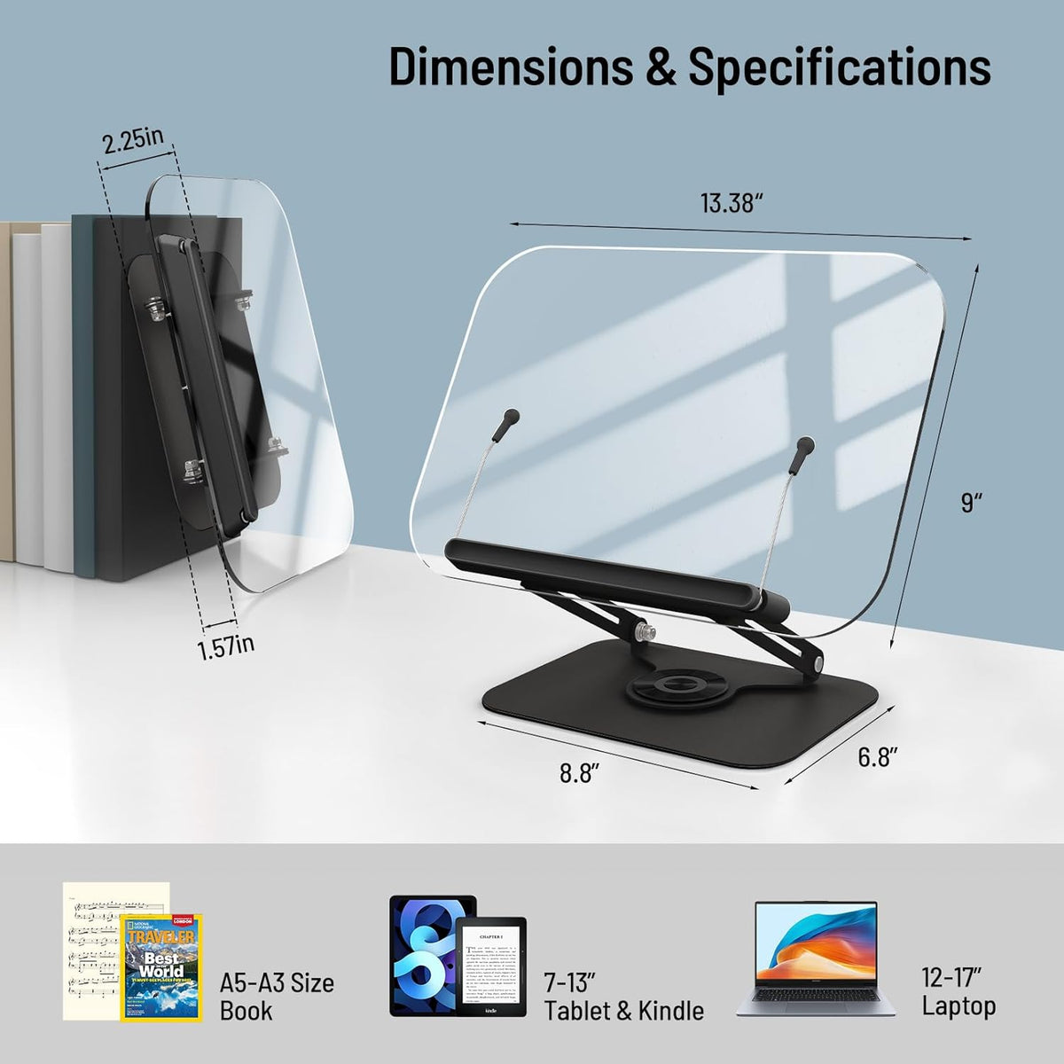 Acrylic Book Stand for Reading Hands Free - Adjustable 360° Rotating Cookbook Holder with Elastic Page Clips & Foldable Base, Multi-Angle Desktop Display Stand for Recipes, Textbooks, Tablets, Bibles