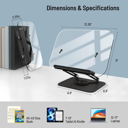 Acrylic Book Stand for Reading Hands Free - Adjustable 360° Rotating Cookbook Holder with Elastic Page Clips & Foldable Base, Multi-Angle Desktop Display Stand for Recipes, Textbooks, Tablets, Bibles