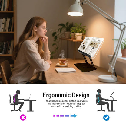 Acrylic Book Stand for Reading Hands Free - Adjustable 360° Rotating Cookbook Holder with Elastic Page Clips & Foldable Base, Multi-Angle Desktop Display Stand for Recipes, Textbooks, Tablets, Bibles