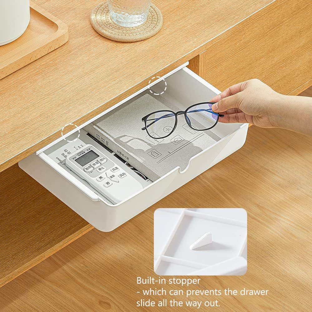 Under Desk Drawer Self-Stick Storage Organizer for Office Home School, Holders for Desk Accessories, Large Size, White