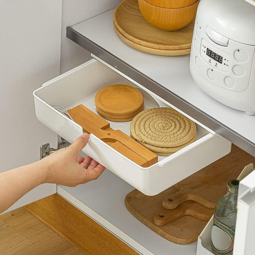 Under Desk Drawer Self-Stick Storage Organizer for Office Home School, Holders for Desk Accessories, Large Size, White