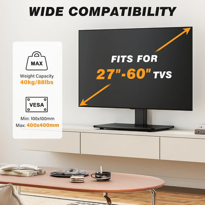 Universal Swivel TV Stand for 27-60 inch Curved/Flat Screen TVs, Table Top TV Base Replacement Holds up to 88 lbs, Height Adjustable TV Stand Mount with Tempered Glass Base, MAX VESA 400x400mm
