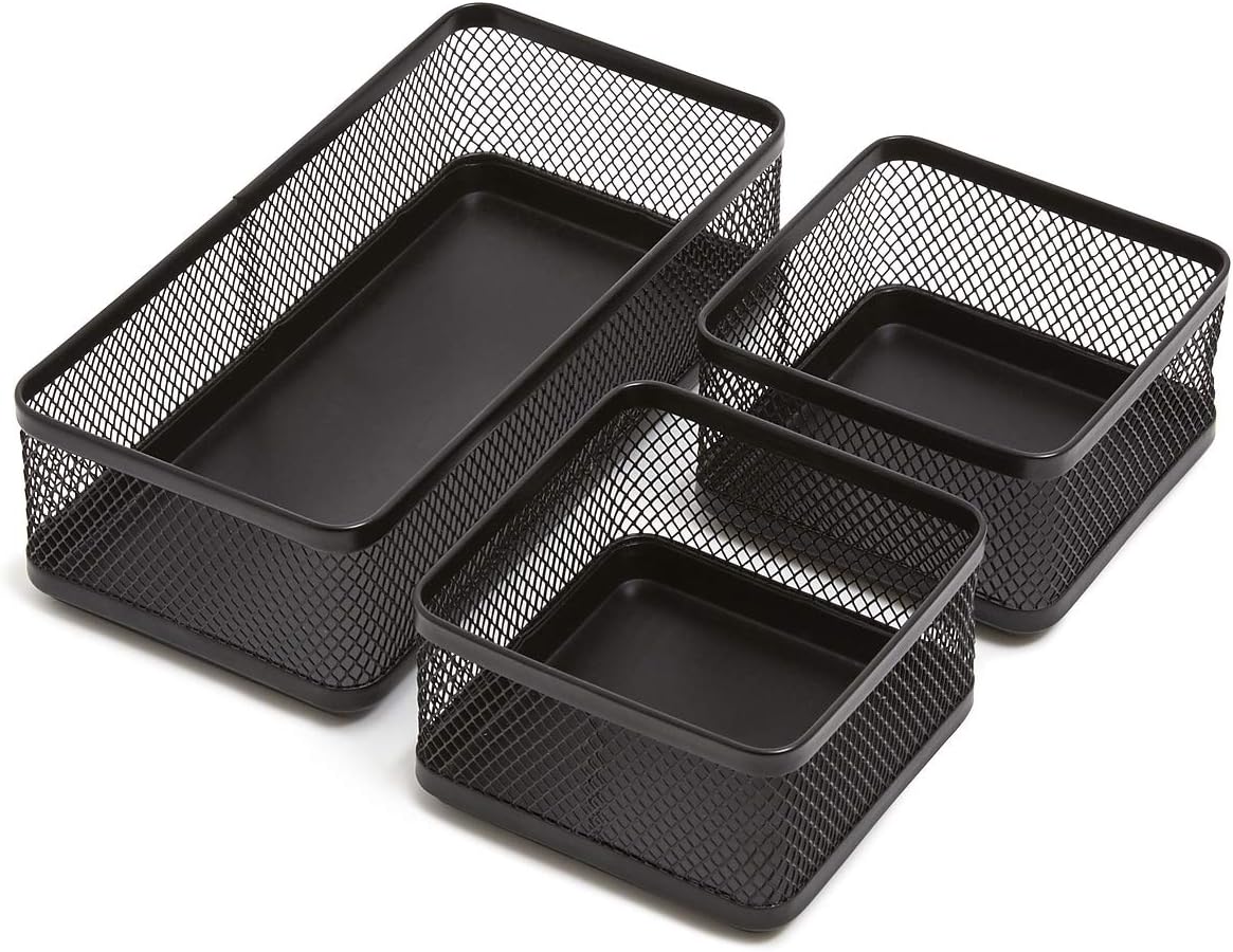 Mesh Collection Desk Drawer Organizer Tray 3 Compartment - Stackable, Matte Black