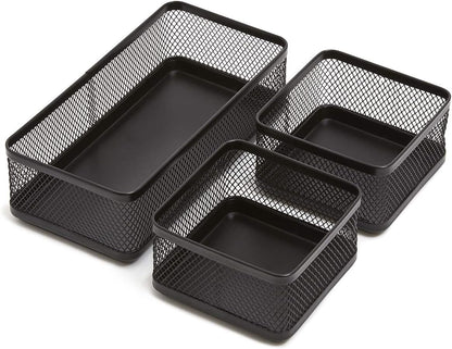 Mesh Collection Desk Drawer Organizer Tray 3 Compartment - Stackable, Matte Black