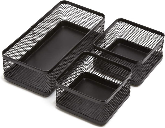 Mesh Collection Desk Drawer Organizer Tray 3 Compartment - Stackable, Matte Black