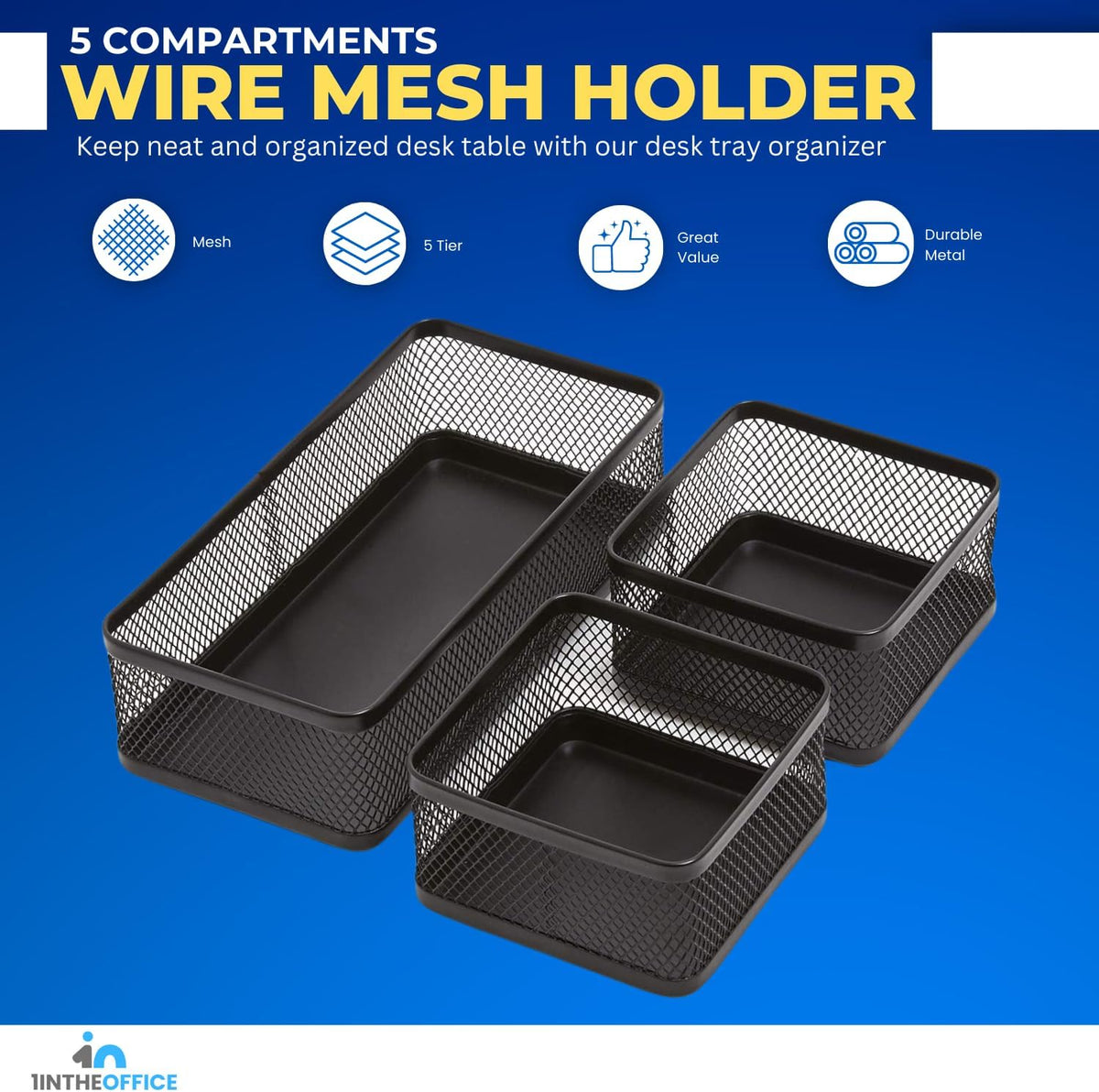 Mesh Collection Desk Drawer Organizer Tray 3 Compartment - Stackable, Matte Black
