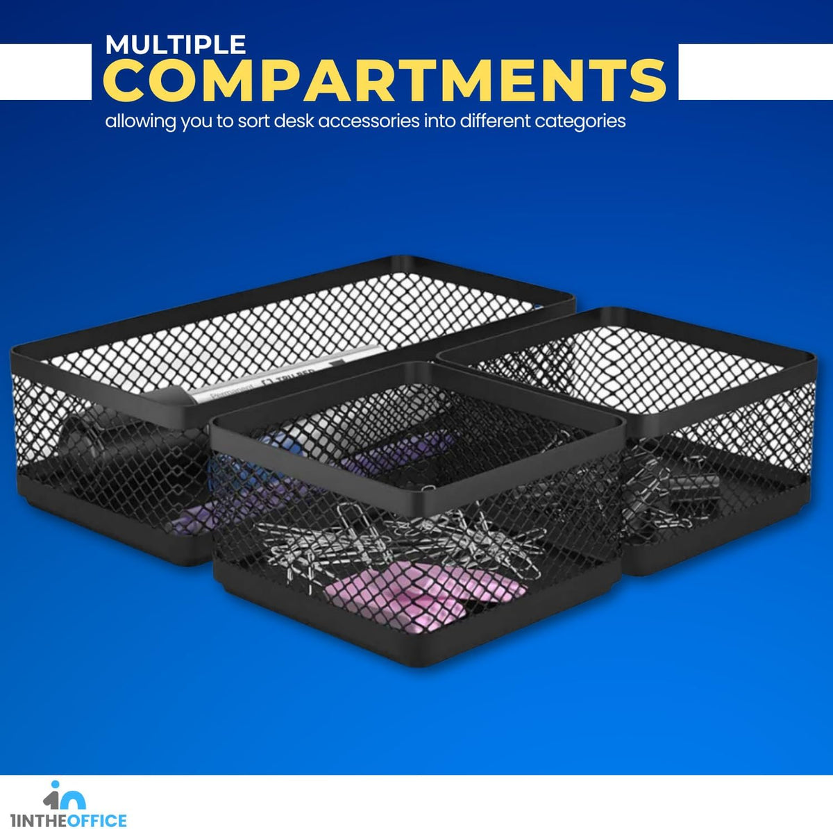 Mesh Collection Desk Drawer Organizer Tray 3 Compartment - Stackable, Matte Black