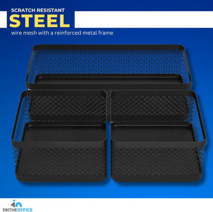 Mesh Collection Desk Drawer Organizer Tray 3 Compartment - Stackable, Matte Black