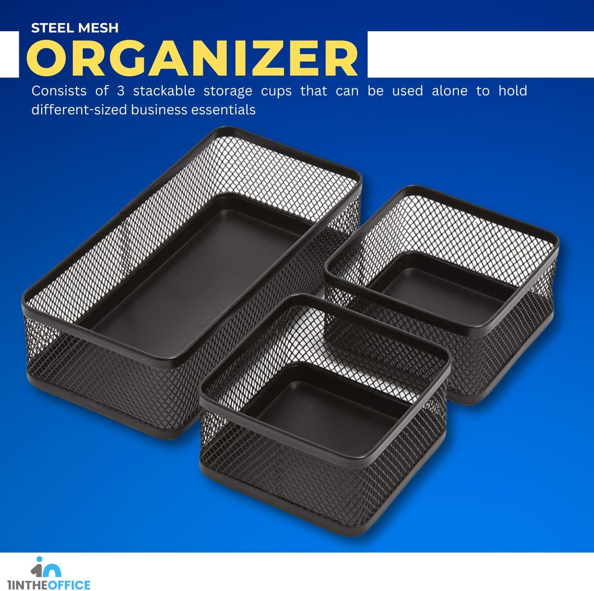 Mesh Collection Desk Drawer Organizer Tray 3 Compartment - Stackable, Matte Black