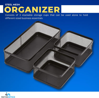 Mesh Collection Desk Drawer Organizer Tray 3 Compartment - Stackable, Matte Black