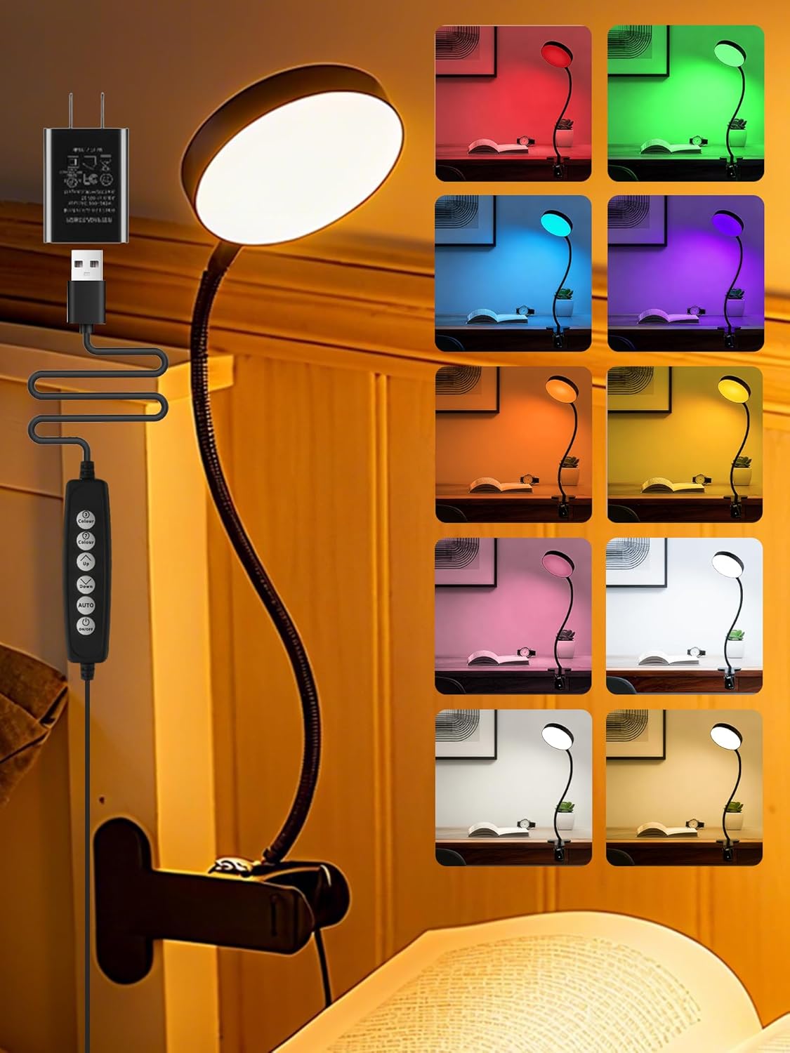 10 RGB Colors+10 Brightness Small Desk Lamp with Clamp Light