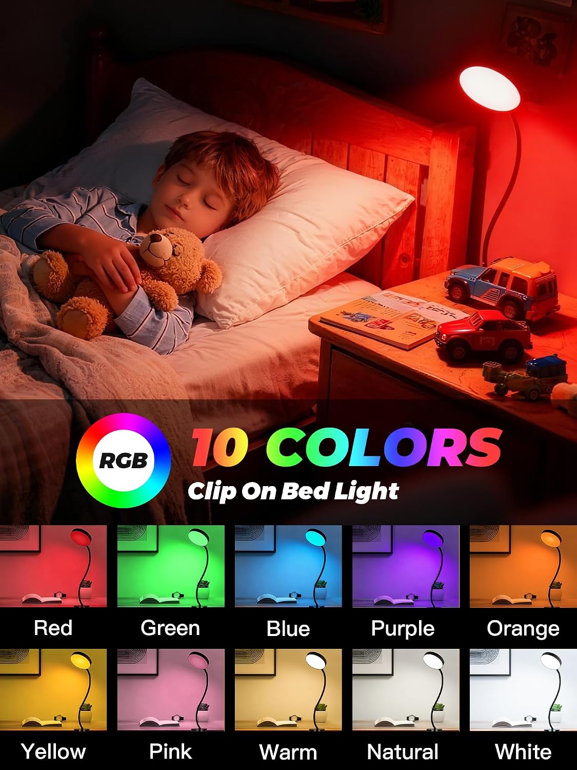 10 RGB Colors+10 Brightness Small Desk Lamp with Clamp Light