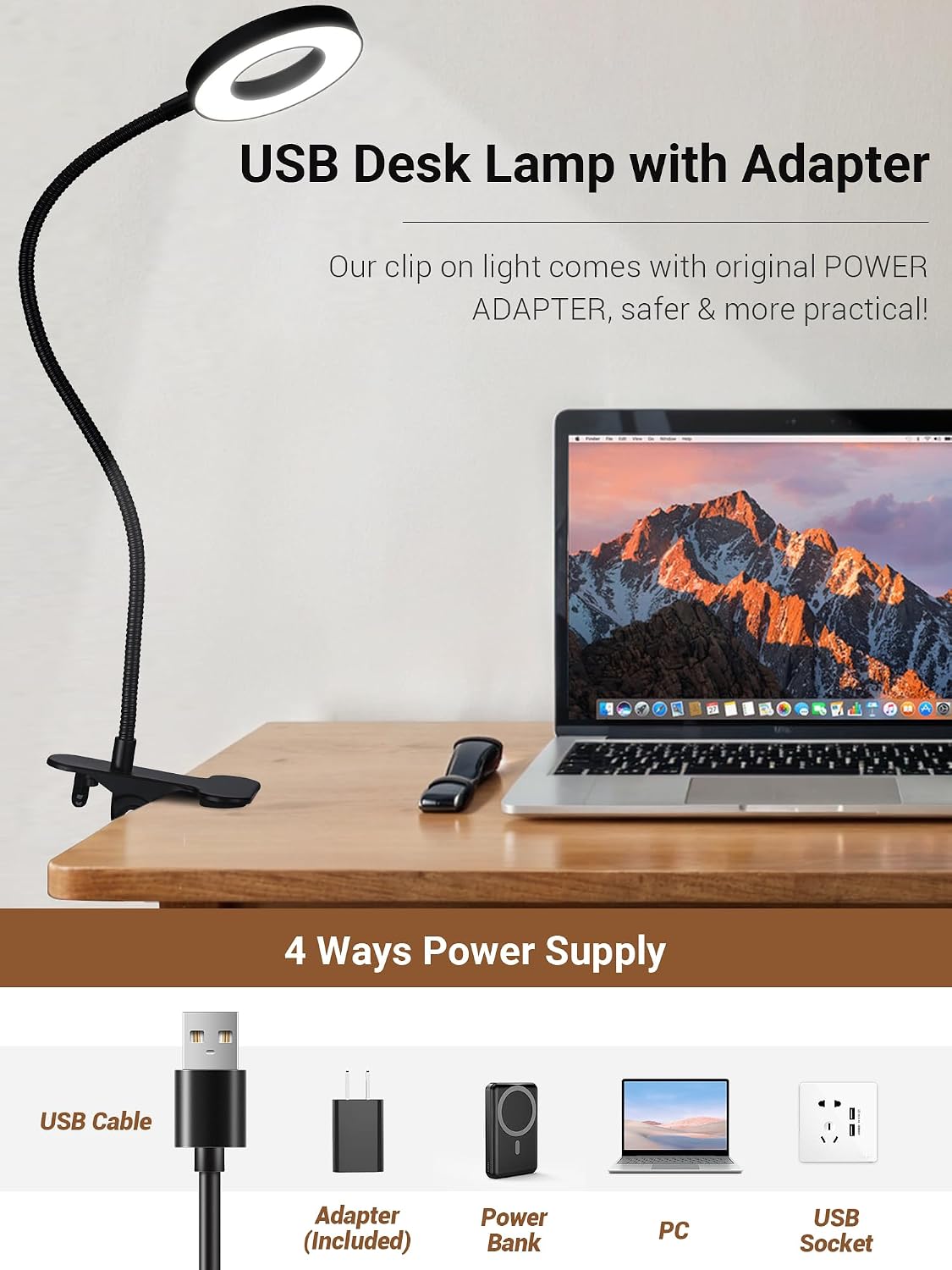 10 RGB Colors+10 Brightness Small Desk Lamp with Clamp Light