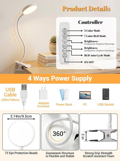 10 RGB Colors+10 Brightness Small Desk Lamp with Clamp Light