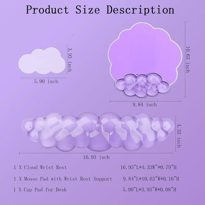 Gel Cloud Wrist Rest Keyboard Clear Purple Mouse Pad with Wrist Rest Set 3PCS Ergonomic Cool Keyboard Wrist Pad Cute Acrylic Coaster Non-Slip Base Cute Transparent Mouse Wrist Pad Support for Computer